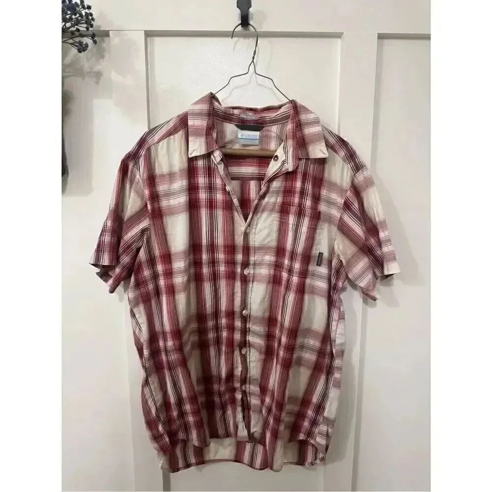 Columbia Short Sleeve Plaid Button-Up Shirt - Red & Cream